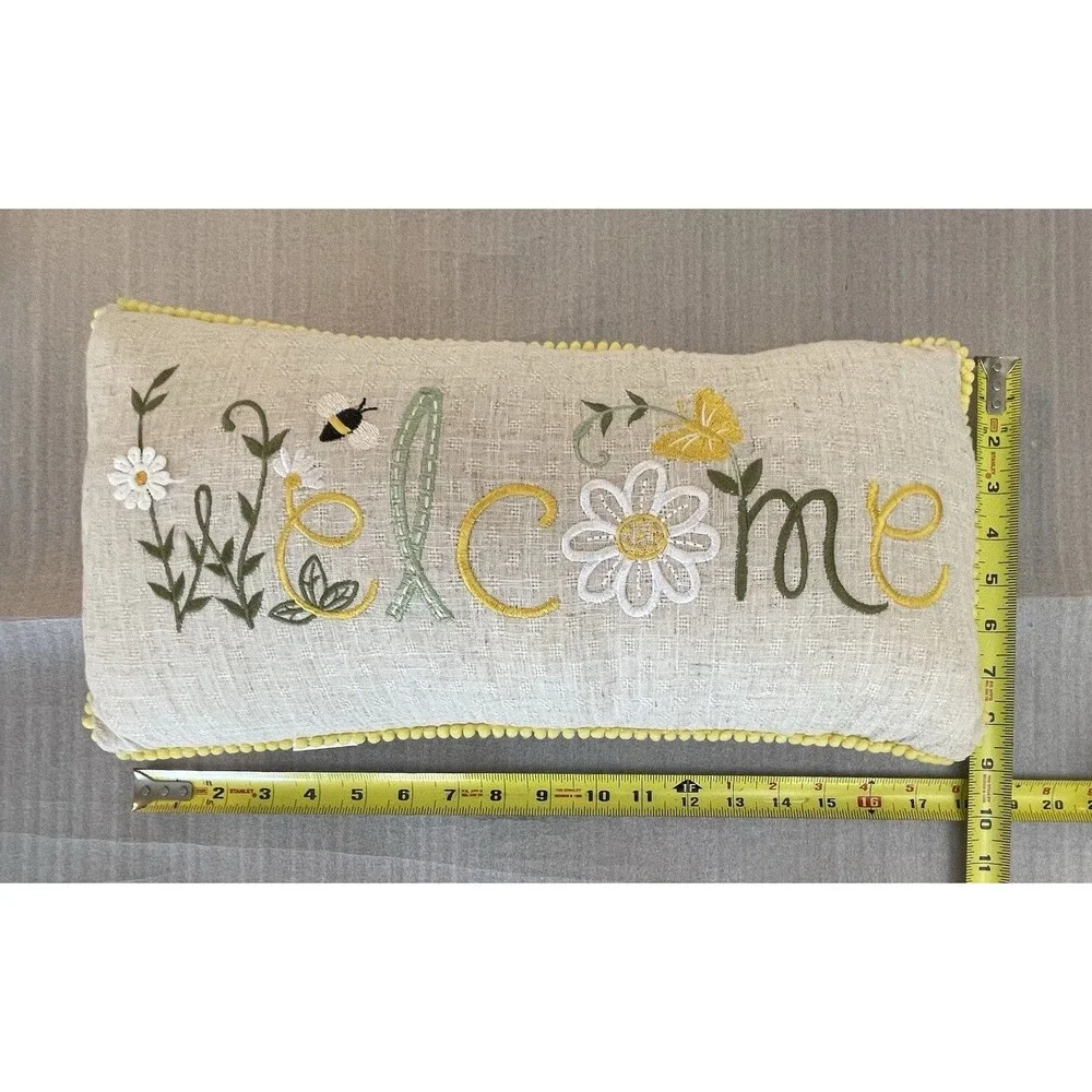 Pier 1 Imports Welcome Lumbar Accent Pillow Embroidered Bee Daisy Pom  Trim 17x9